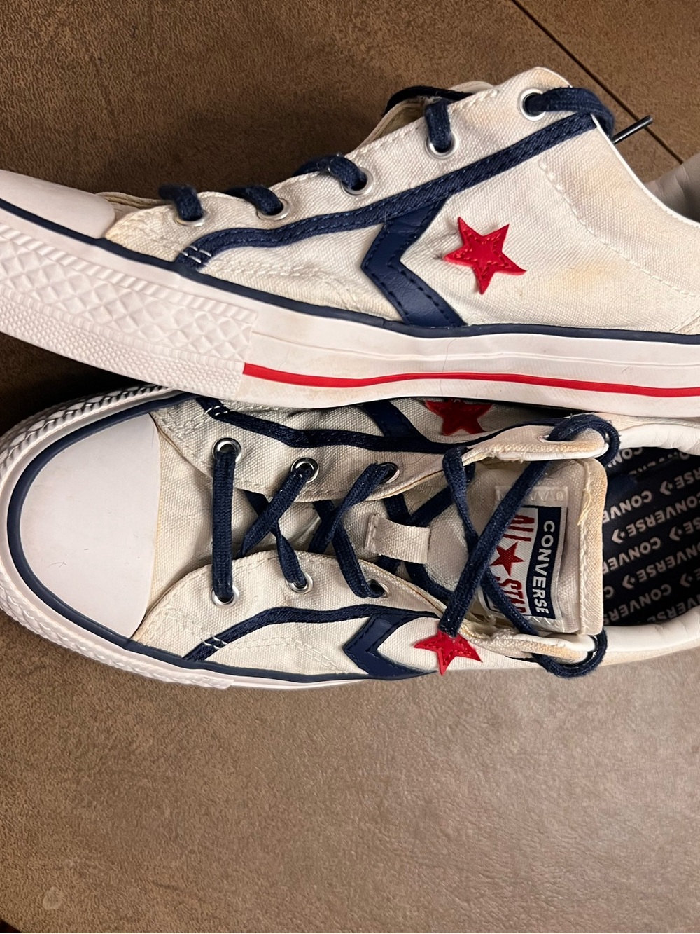 Converse Kids White Canvas Sneakers with Navy Trim and Red Star Accent